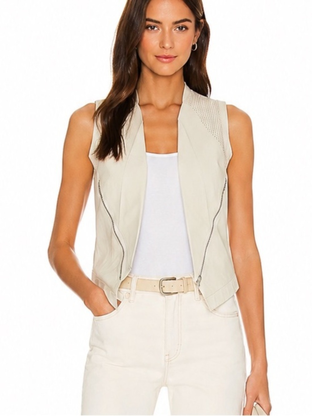 Lamarque Collection Perforated Leather Moto Vest Cream Medium Minimalist Luxe